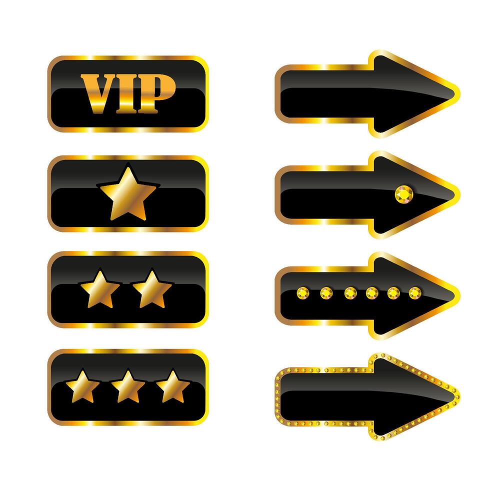 vip arrows banner, sticker with gems on black and gold background. Premium quality. Symbol of customer satisfaction review service, best quality ranking icon vector
