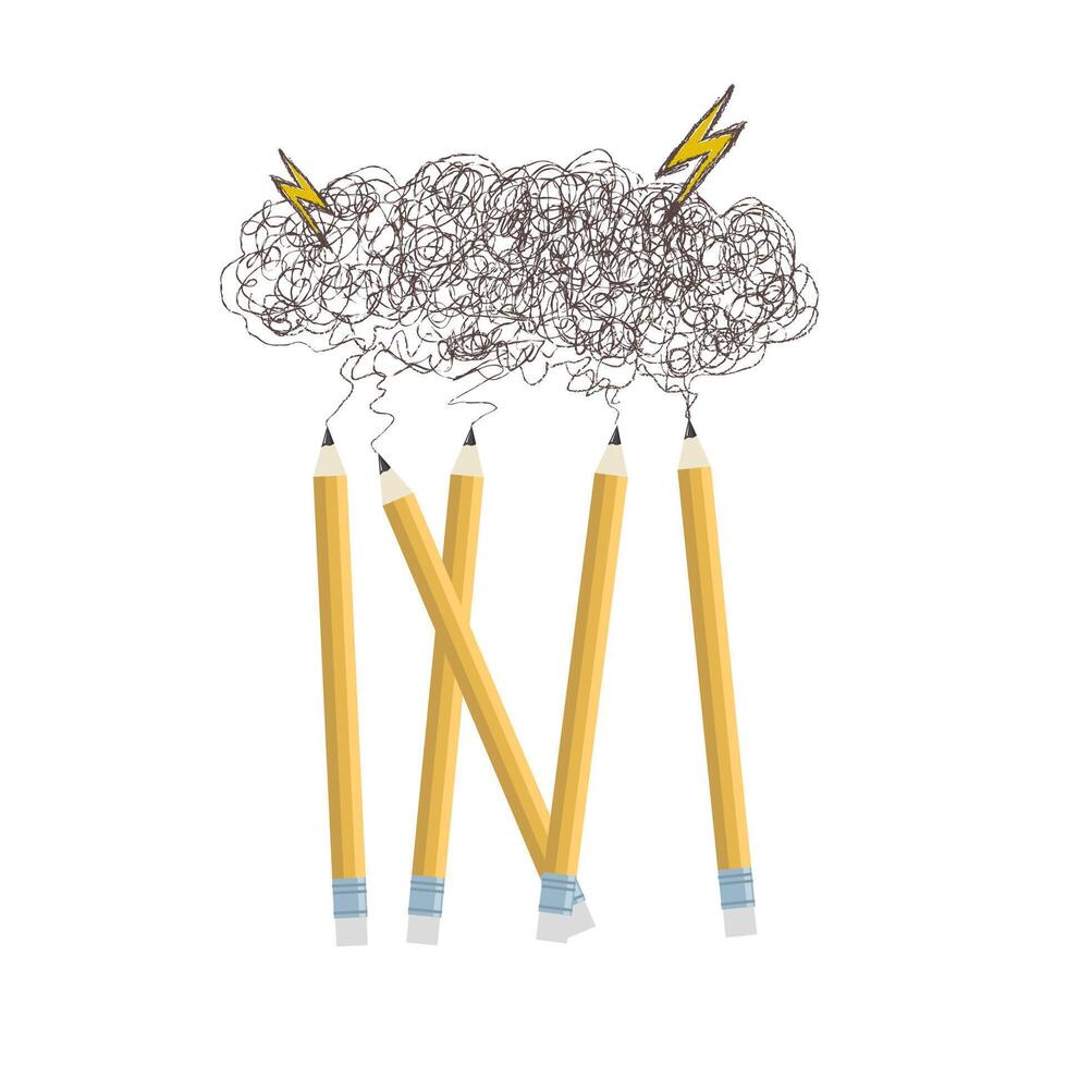 graphite pencils draws sketsh with abstract cloud. Yellow and grey. Hand drawn sketch. Painter tools. School equipment. Concept idea and creative, creation something new. vector