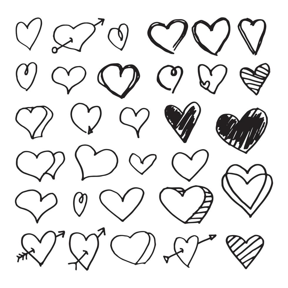 A collection of hand-drawn heart doodles and sketches on a white background, Brush strokes. Perfect for Valentine's Day, romantic designs, or artistic projects. vector