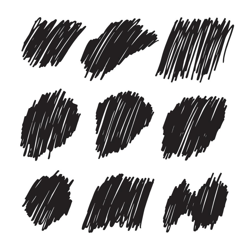 A set of black scribbles and abstract sketches. These artistic designs showcase different shapes and textures, perfect for adding creative elements to projects. vector