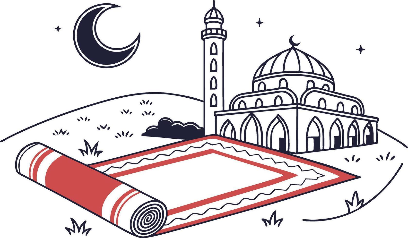 A simple line drawing depicting a mosque, a crescent moon in the night sky, and a rolledup prayer mat on a grassy hill. vector