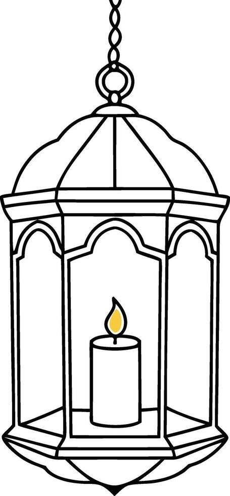 A black and white illustration of an ornate hanging lantern with a candle inside. The lantern has a domed top with a chain attached to the ceiling and intricate designs on the sides. vector
