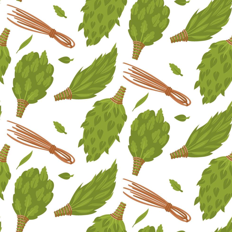 pattern of bath brooms for saunas, baths, steam rooms is made in white. Eucalyptus, oak, birch, massage branches are collected and rewound with bundles of branches leaves for massage during relaxation vector