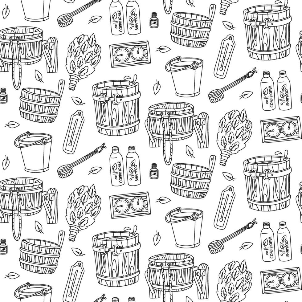 A pattern of doodle accessories for baths and saunas. wooden ladle, bucket with water for wellness, massage leaf broom, shampoo, conditioner, oil. The texture is seamless, for cleaning vector