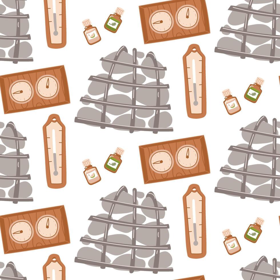 Steam bath pattern, stones in the grate, essential oils, thermometer, hygrometer in white color. Items to maintain relaxation in steam room, spa, sauna. Texture is colored by their recreation items vector