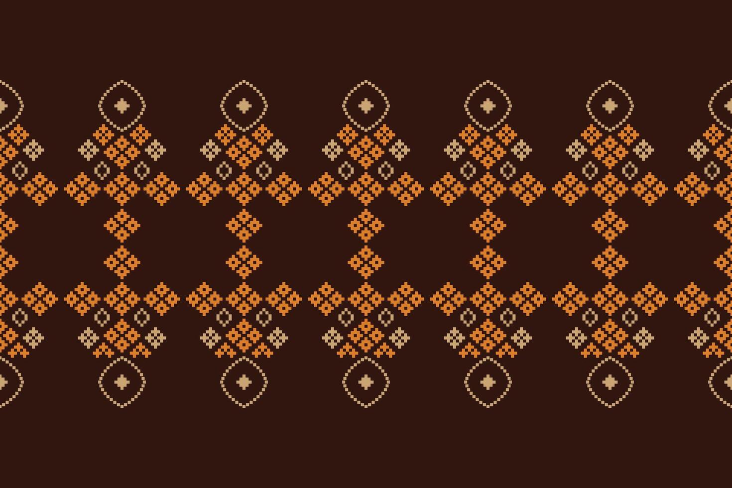 Ethnic pattern motif design fabric pattern with brown background decoration pixel art ethnic. vector
