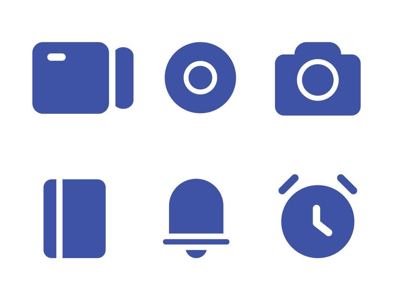 Six blue icons against a white background camera, circle with white dot, camera, rectangle, bell, clock with hand. vector