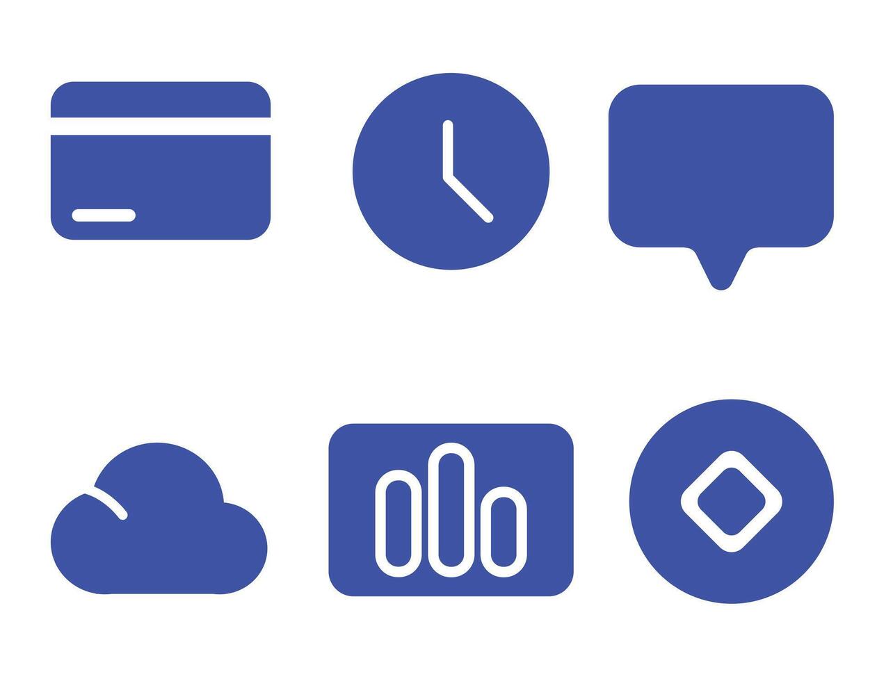 This set of six vibrant blue icons represents common functions in a modern digital interface. vector