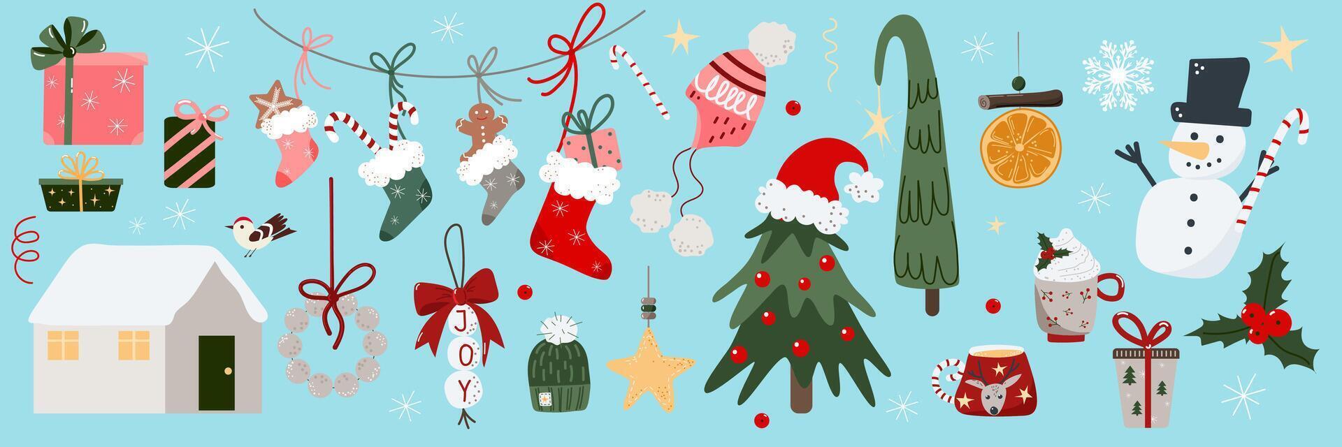 Christmas and New Year elements set, gift or present boxes, trees, socks, snowy house, snowman, warm drinks cups, decorations, stars, bows and ribbons, hats, candy sticks, holly, snowflakes. vector