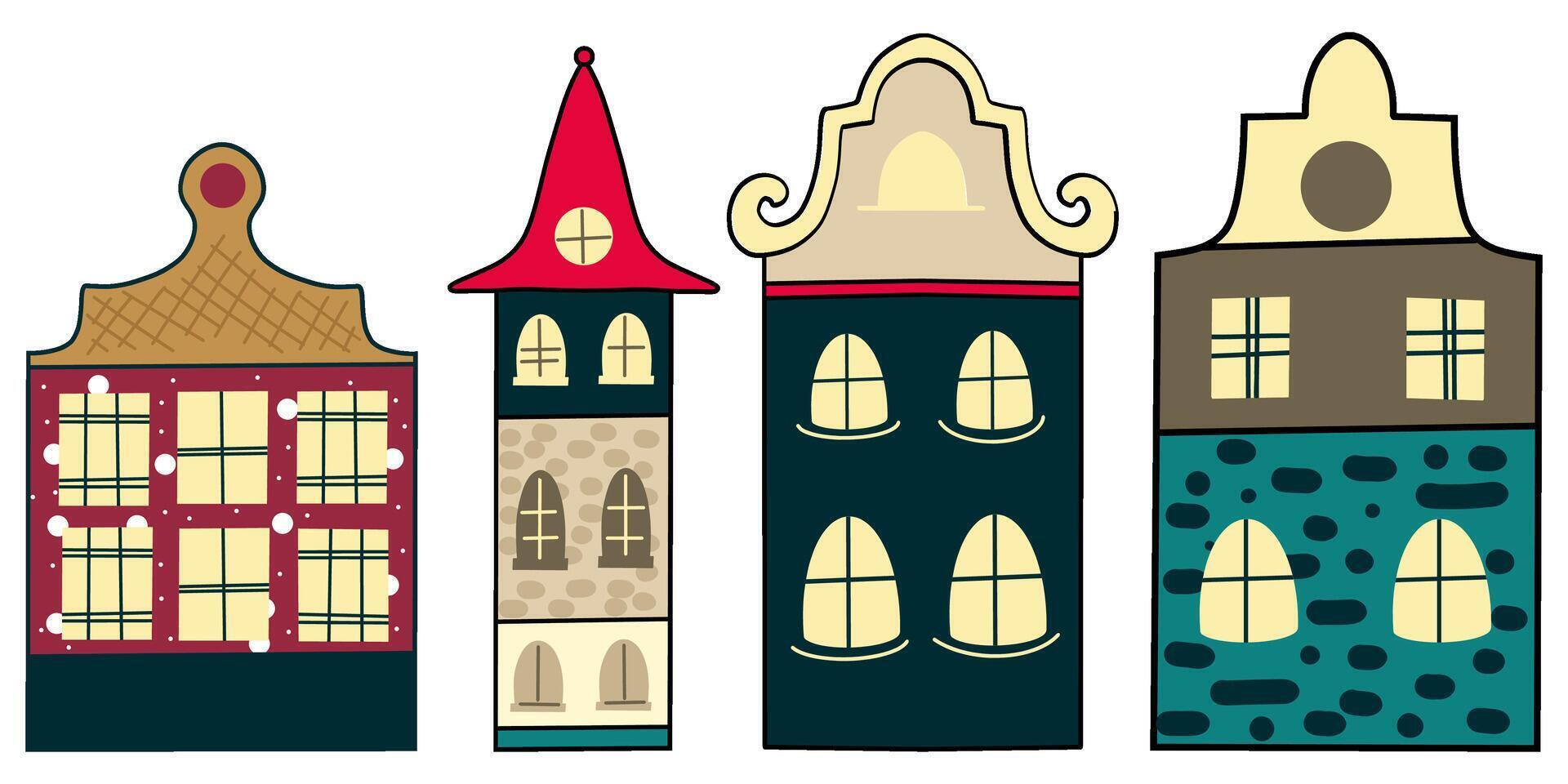 Cute hand drawn houses Set, Hand drawing buildings illustration, Architecture, Vintage Buildings vector