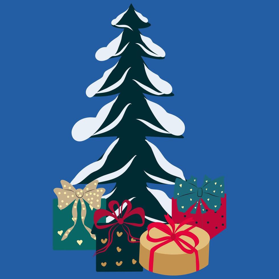 Christmas tree with gift boxes on a blue background illustration vector