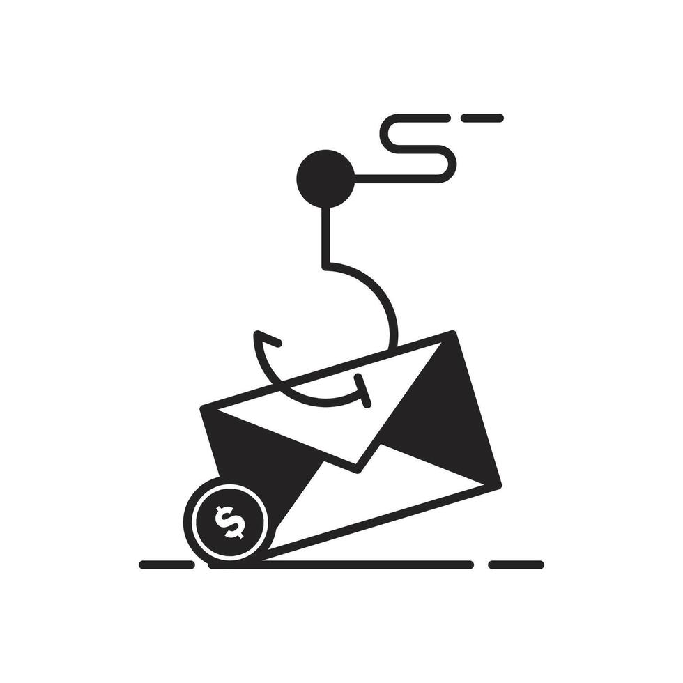 email phising Cyber crime, phishing, stealing personal data. black and white linear icon isolated white background vector