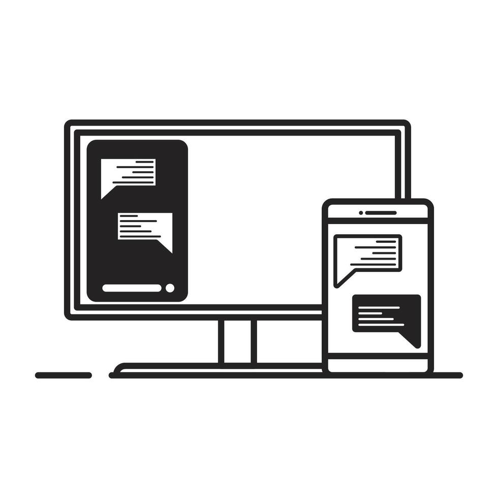 Phone connected on computer. share screen phone and computer, linear icon isolated white background vector