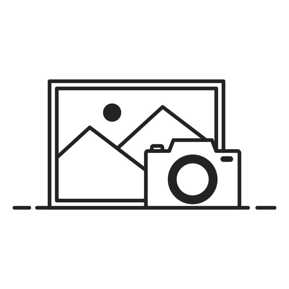 Camera and picture frame icon, black and white linear icon isolated white background. vector