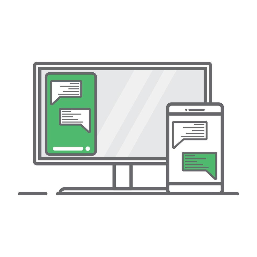 Phone connected on computer. share screen phone and computer, linear icon isolated white background vector