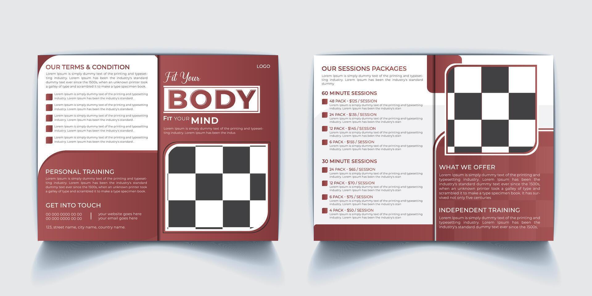 Gym and fitness bifold brochure design template vector