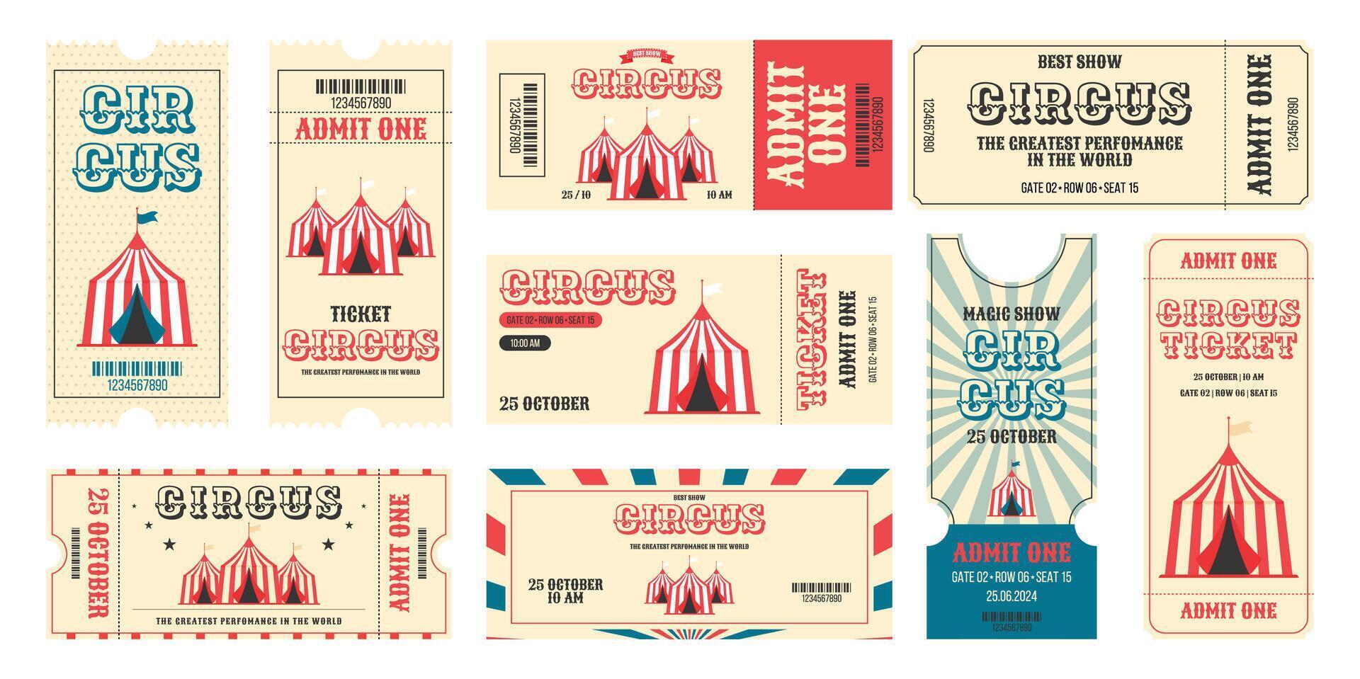Vintage circus horizontal and vertical tickets set. Striped circus tents, decorative elements and more details events. Flat illustration on white background vector