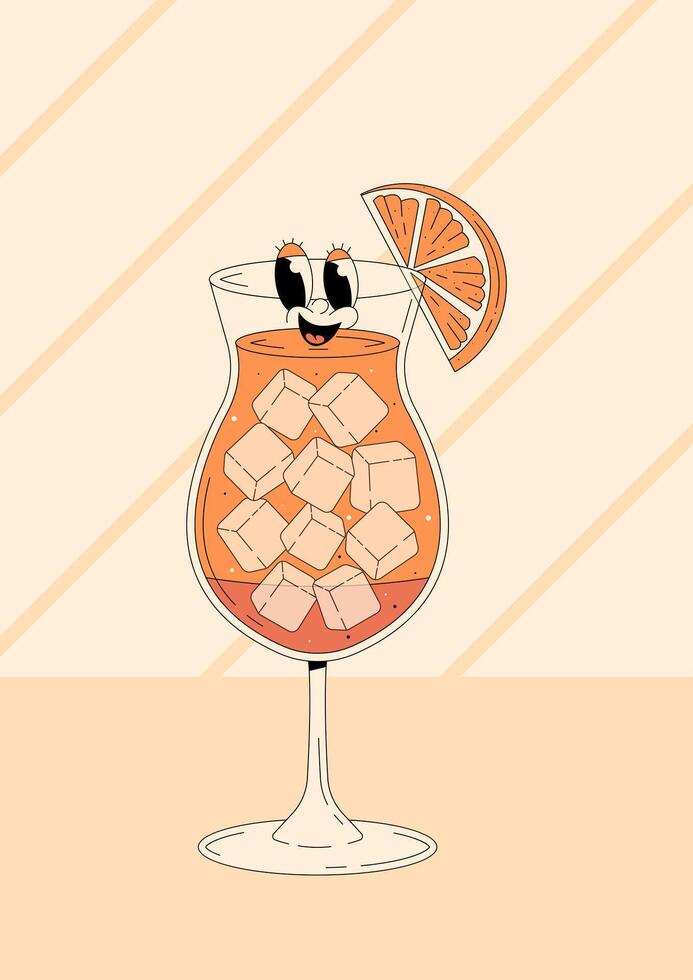 Groovy character sex on the beach with emotion. Retro summer poster with popular alcoholic cocktail and empty space. Vintage illustration 70s, 80s style vector