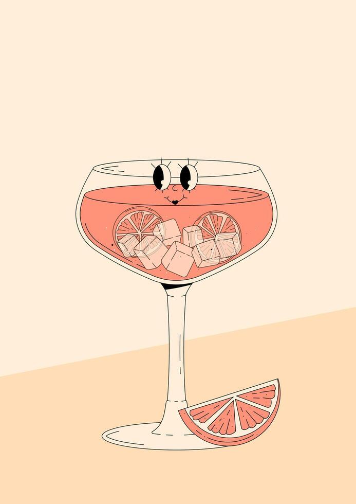 Groovy character pink grapefruit spritz with emotion. Retro summer poster with popular alcoholic cocktail and empty space. Vintage illustration 70s, 80s style vector