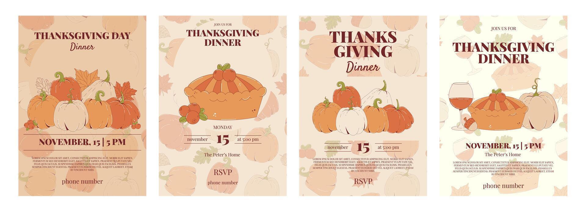 Thanksgiving Dinner Poster Set. Holiday invitation with pie, pumpkin, cranberry and more. illustration vector