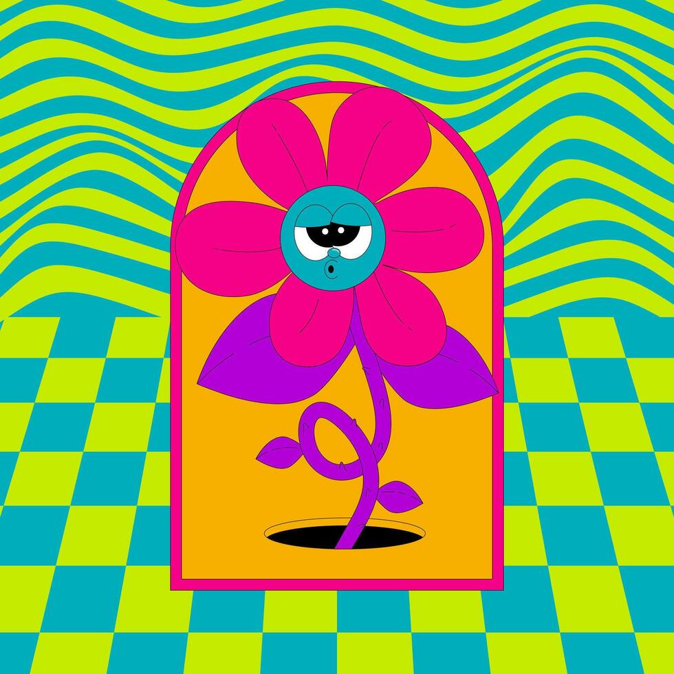 Psychedelic y2k card with character. Funny flower with funky face in groovy style. Flat element in acid colors. vector