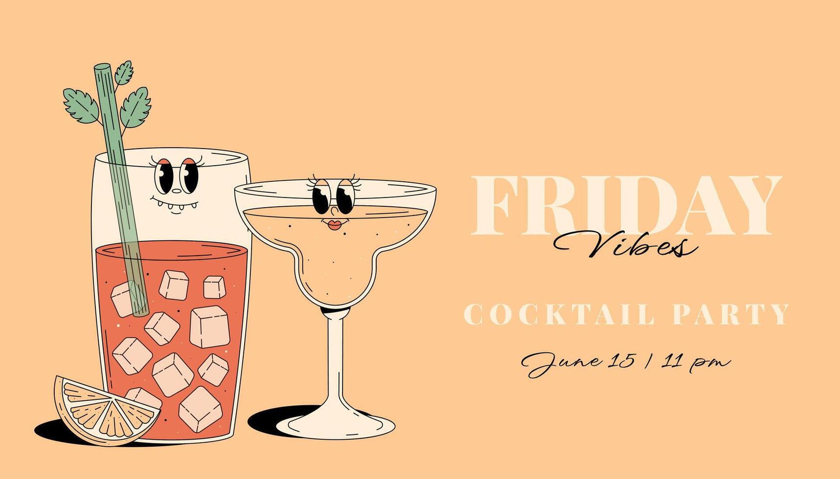 Retro Groovy Party Invitation. Funky cocktail characters bloody mary and daiquiri. Vintage Friday vibes. Summer horizontal banner vector