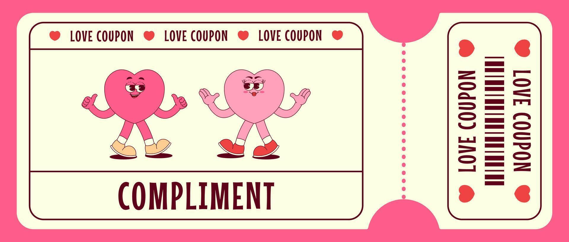 Love coupon with cute walking hearts characters in retro groovy style. Compliment. Valentines day, February 14 and other love holiday. Horizontal illustration vector