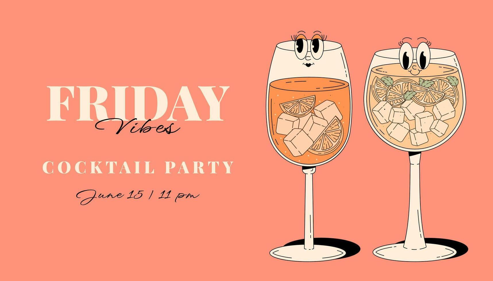 Retro Groovy Party Invitation. Funky cocktail characters aperol spritz and limoncello spritz. Vintage Friday vibes. Summer horizontal banner vector