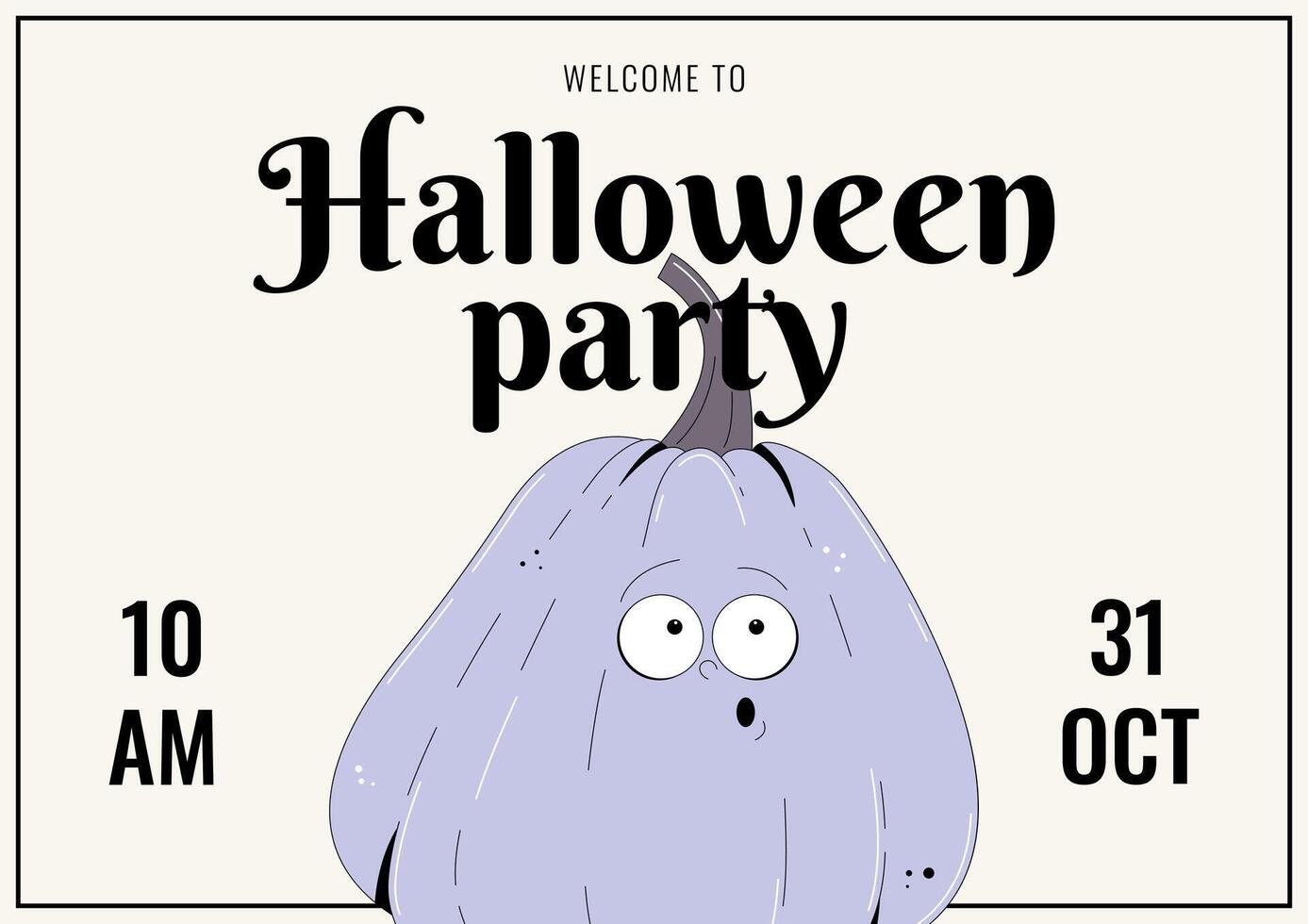 Groovy retro Happy Halloween invitation for party or festival. Funky violet character pumpkin with spooky and skary face. illustration template. vector