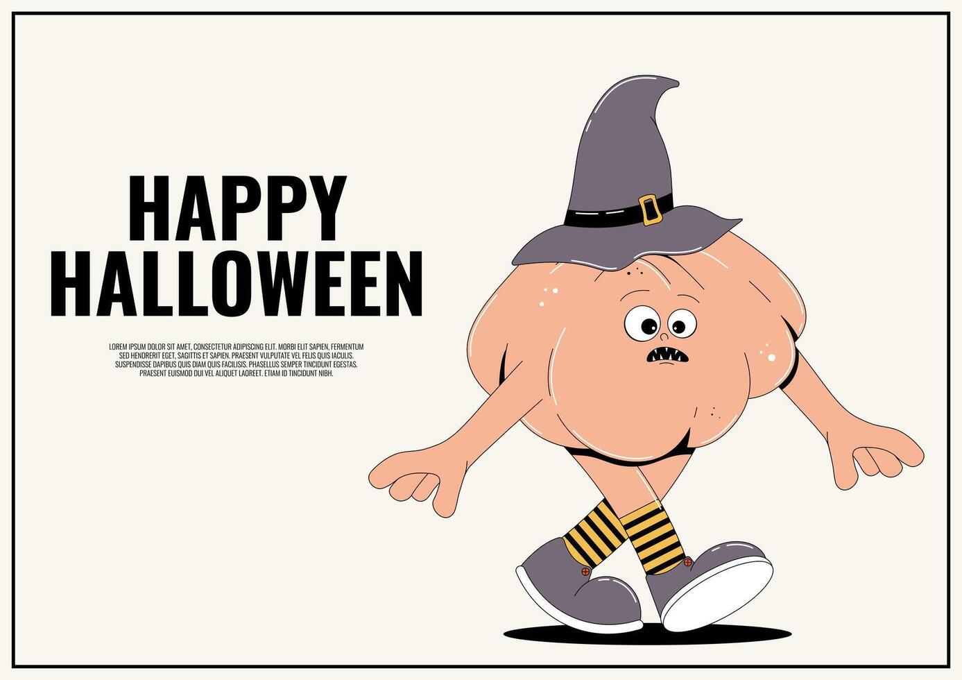 Groovy retro Happy Halloween poster. Funky walking character pumpkin in a hat with spooky and skary face. Horror and fear illustration vector
