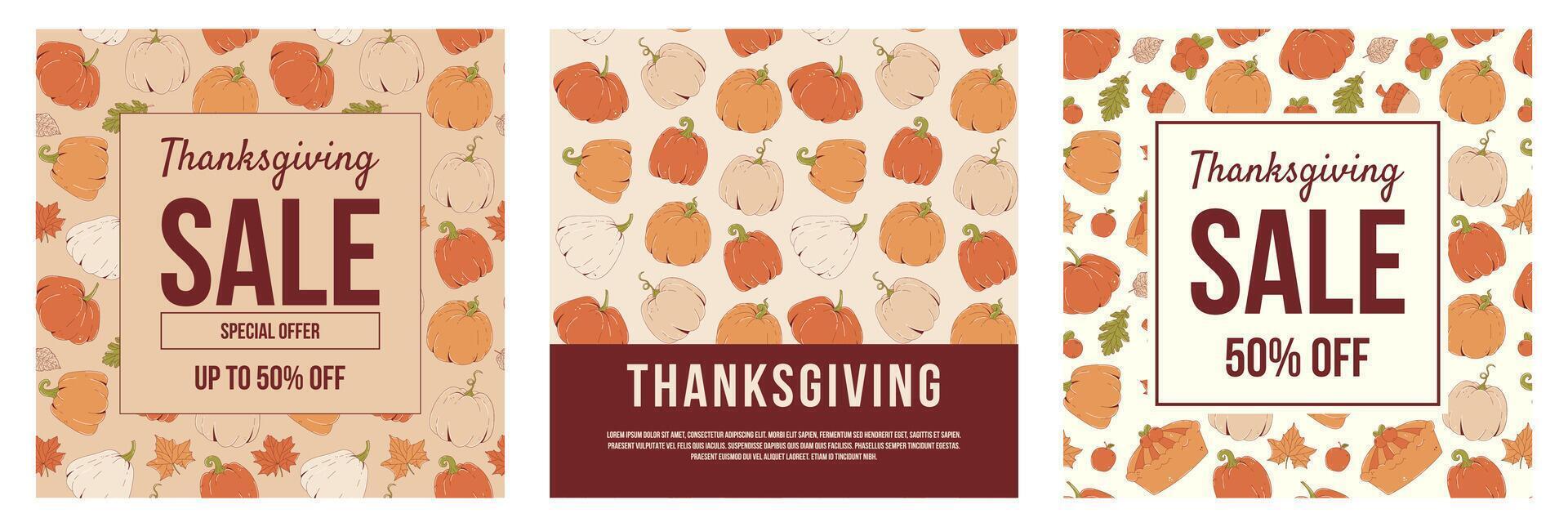 Happy Thanksgiving Day promo sale flyer autumn leaves, pumpkins, cranberry and acorn on the light background. Set illustration for poster, banner, card, special offer. vector
