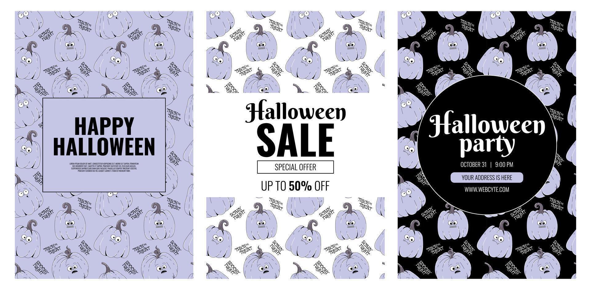 Groovy retro Happy Halloween posters set. Funky violet character pumpkin with spooky and skary face. banner on violet, white and black background vector