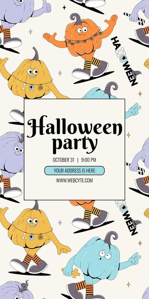 Groovy retro Happy Halloween invitation for party. Retro groovy character pumpkins with creepy and skary face. Contemporary illustration. vector