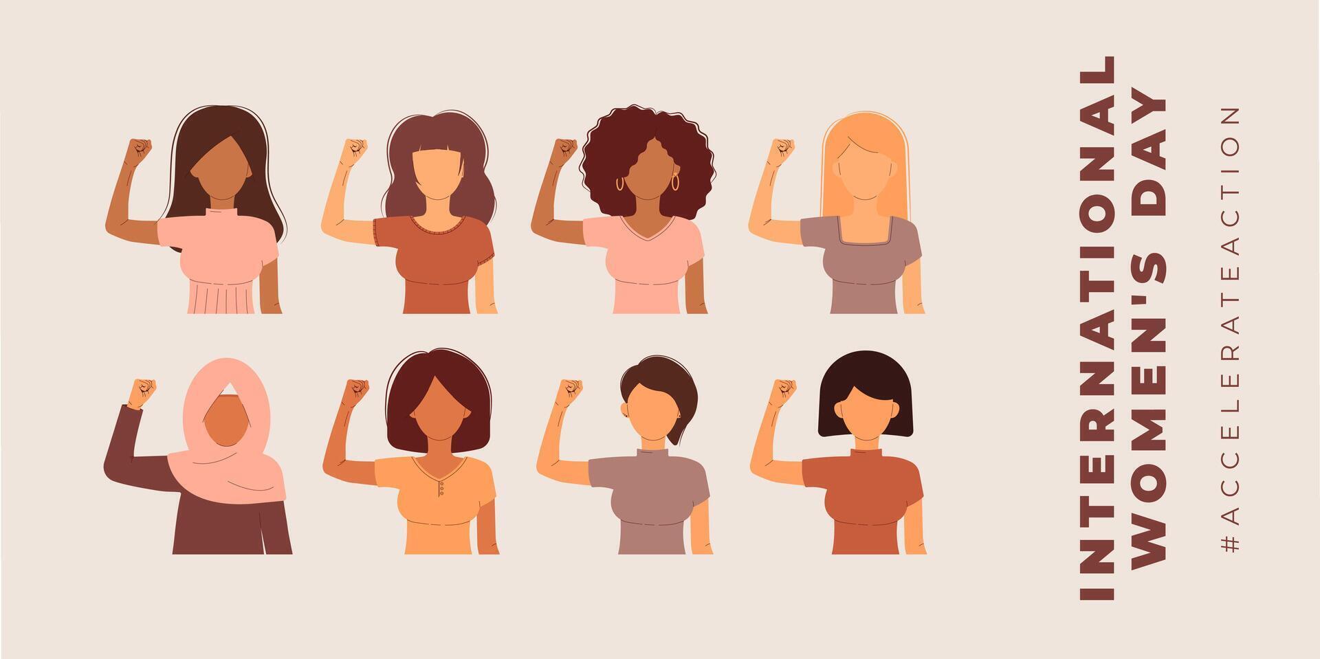 International Womens Day 8 march banner. 2025 AccelerateAction. Group of women in different ethnicity,age,hair color and more showing strength in their hand. background vector