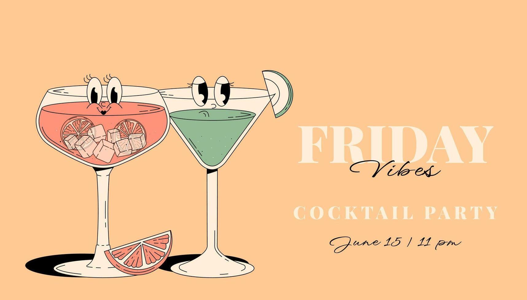 Retro Groovy Party Invitation. Funky cocktail characters pink grapefruit spritz and Apple Martini. Vintage Friday vibes. Summer horizontal banner vector