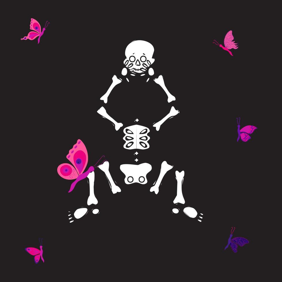 Funny skeleton dancing with butterflies. illustration. vector