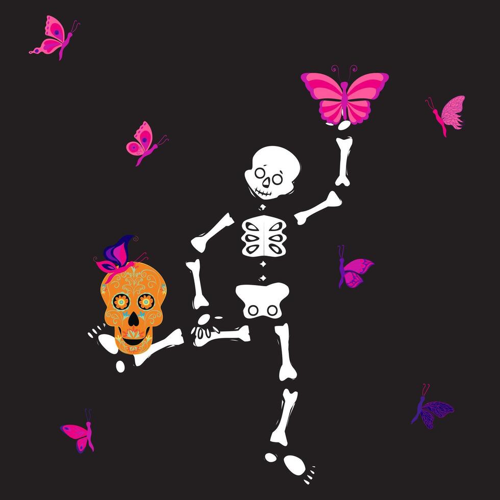 Funny, cheerful skeleton dancing with butterflies and sugar skull. illustration. vector