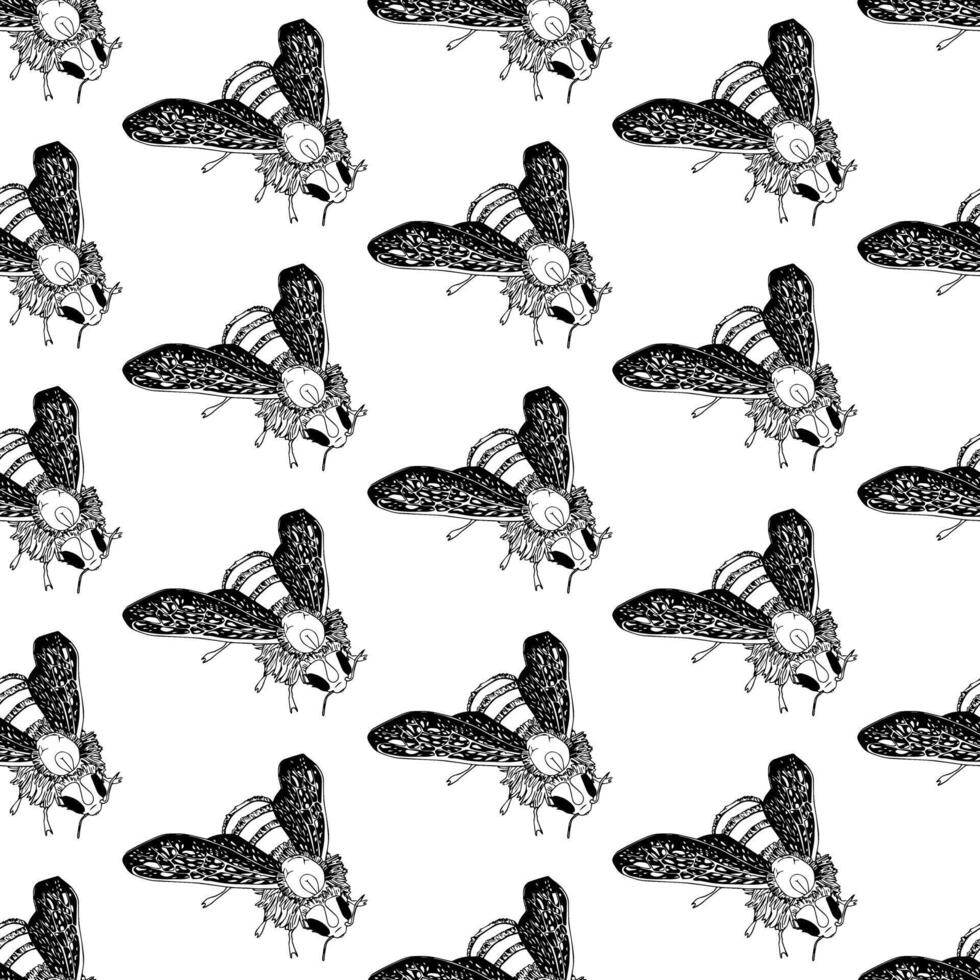 Realistic bee in doodle style, hand drawn. illustration. Seamless pattern. vector