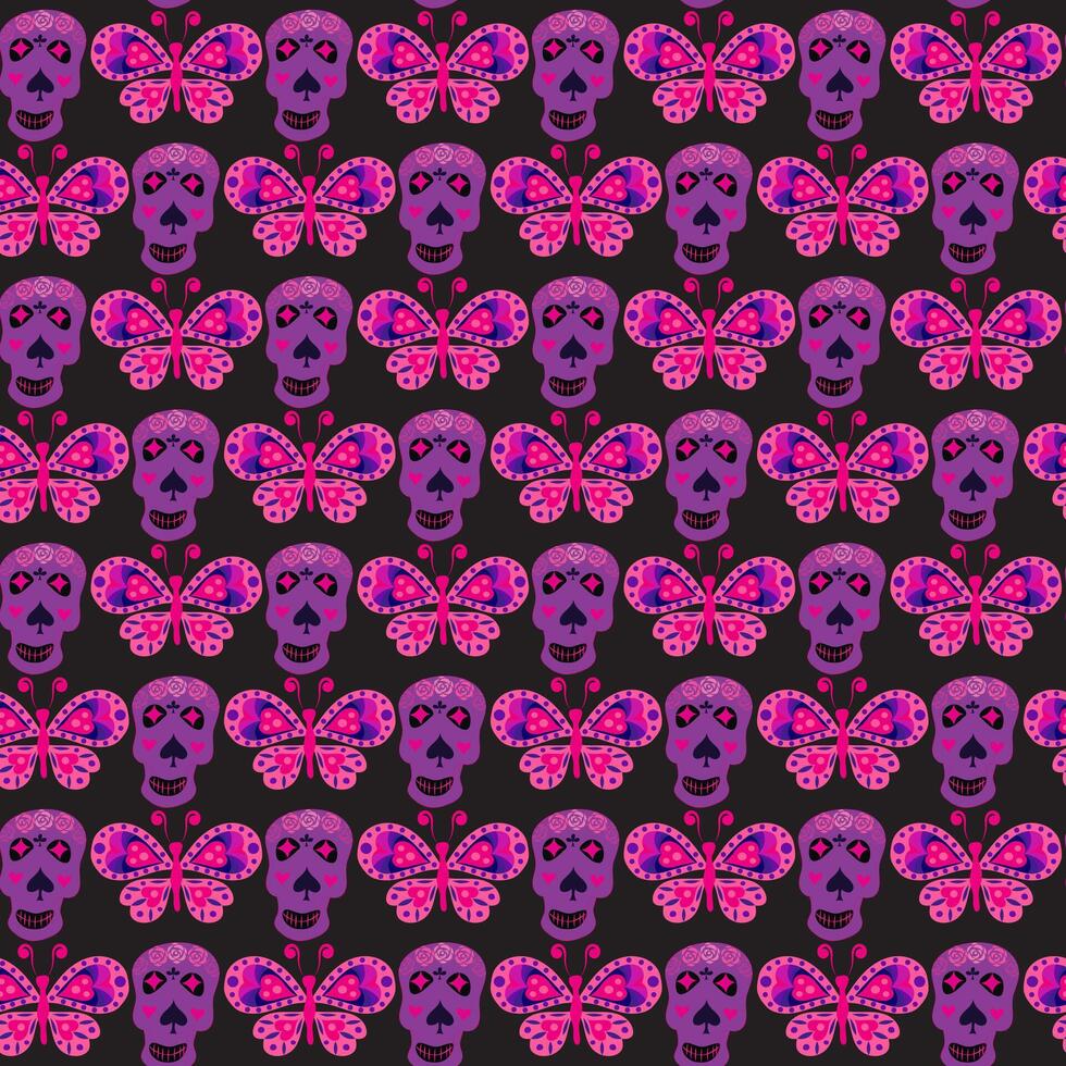 Purple skulls and butterflies on black background. Seamless pattern. vector