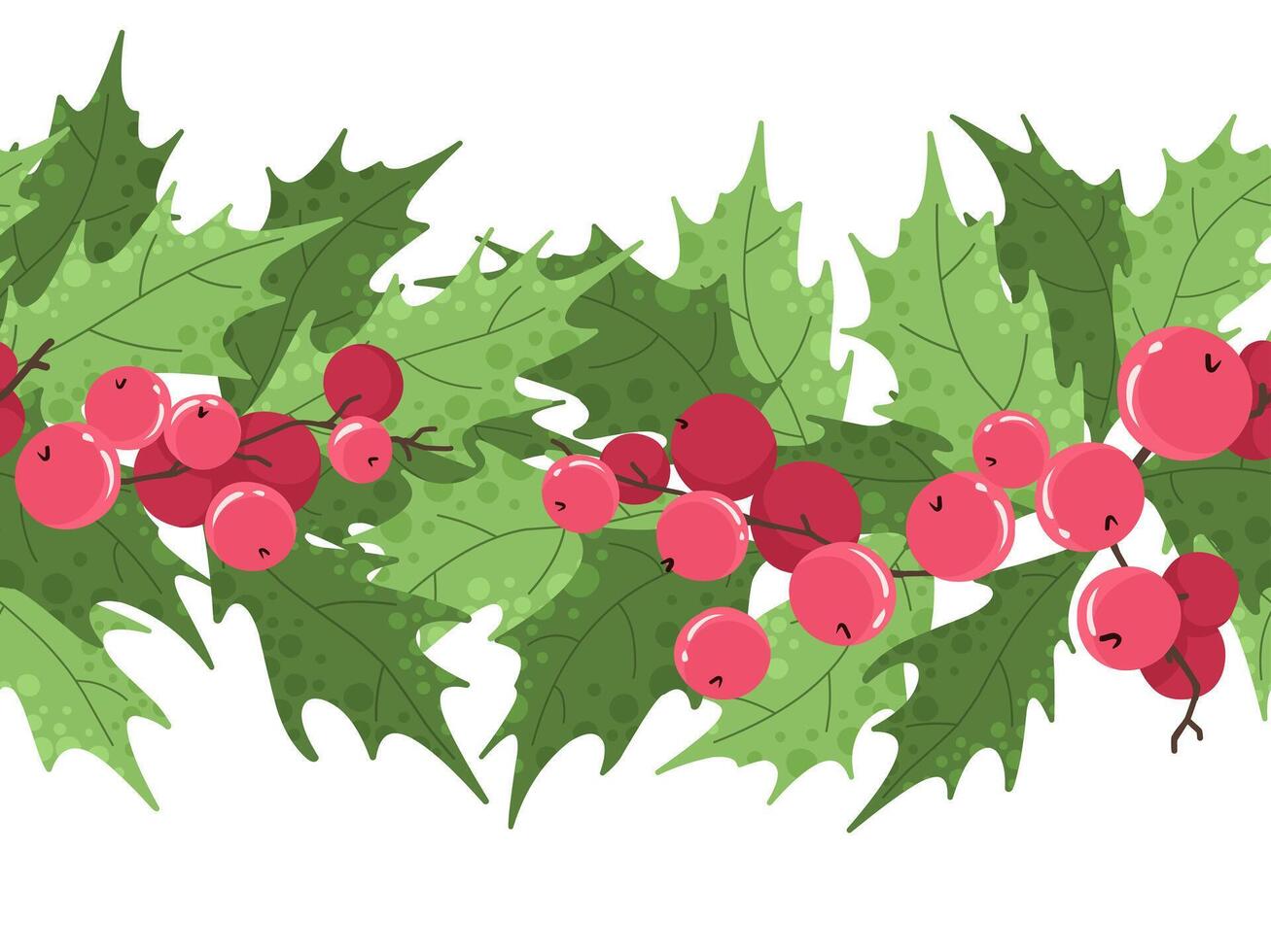 Seamless border with holly leaves and berries, festive pattern in flat style. vector