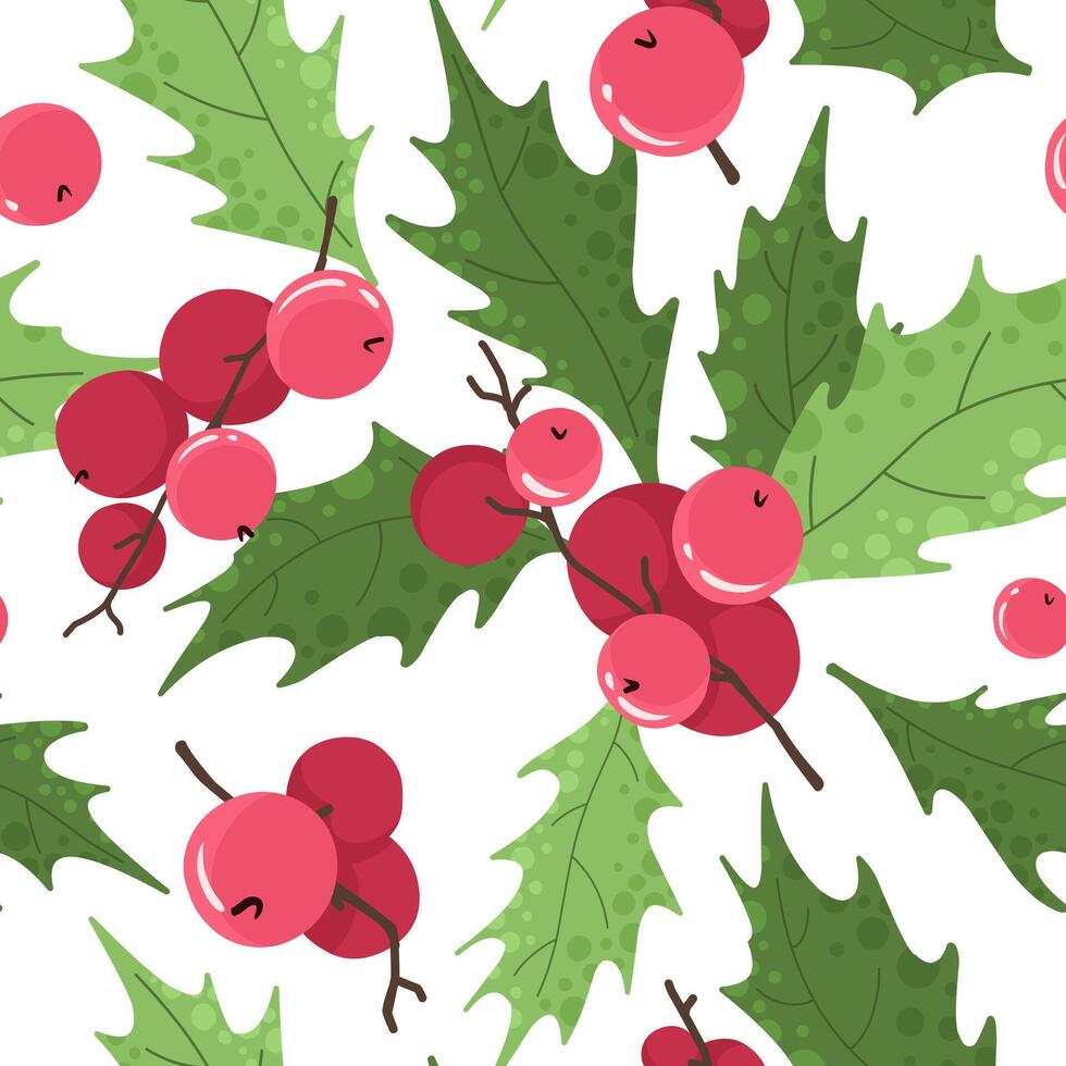 Seamless pattern, Christmas pattern with plant elements. Holly, flat style ornament. vector