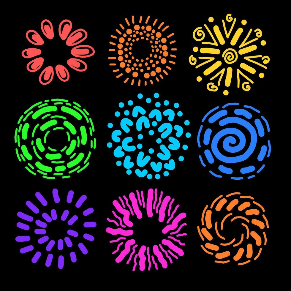 Set of colorful sunburst shapes or doodle firework. Crayon drawing elements. Bursting rays line icon set. Pencil drawn spirals, swirls and doodle circles. vector