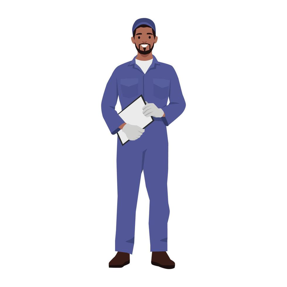 Young automechanic standing with a clipboard. vector