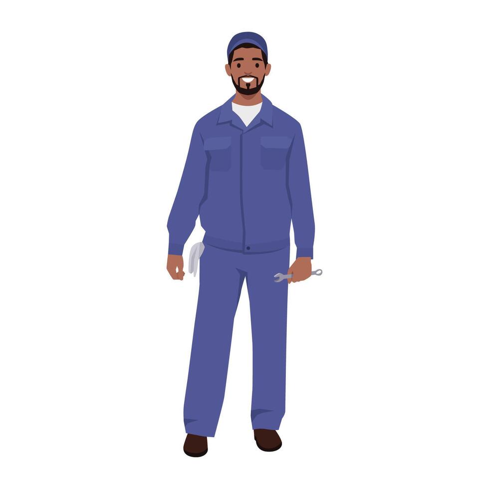Young man mechanic standing and holding a wrench. vector