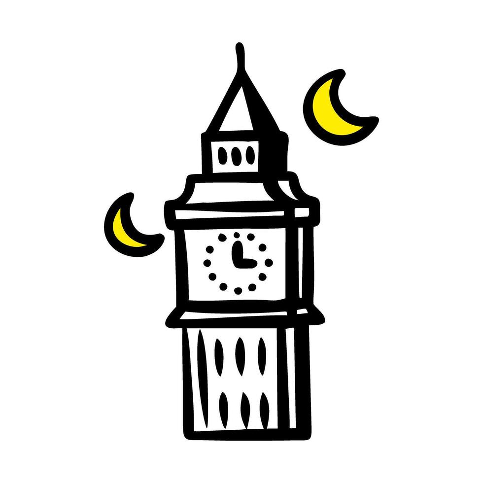 Midnight Clock Tower Doodle Art Icon vector