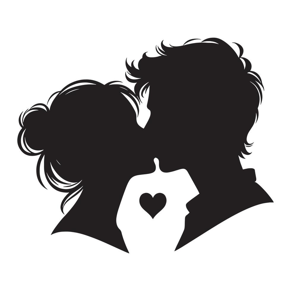 Silhouette of a couple kissing, with hearts in the background vector