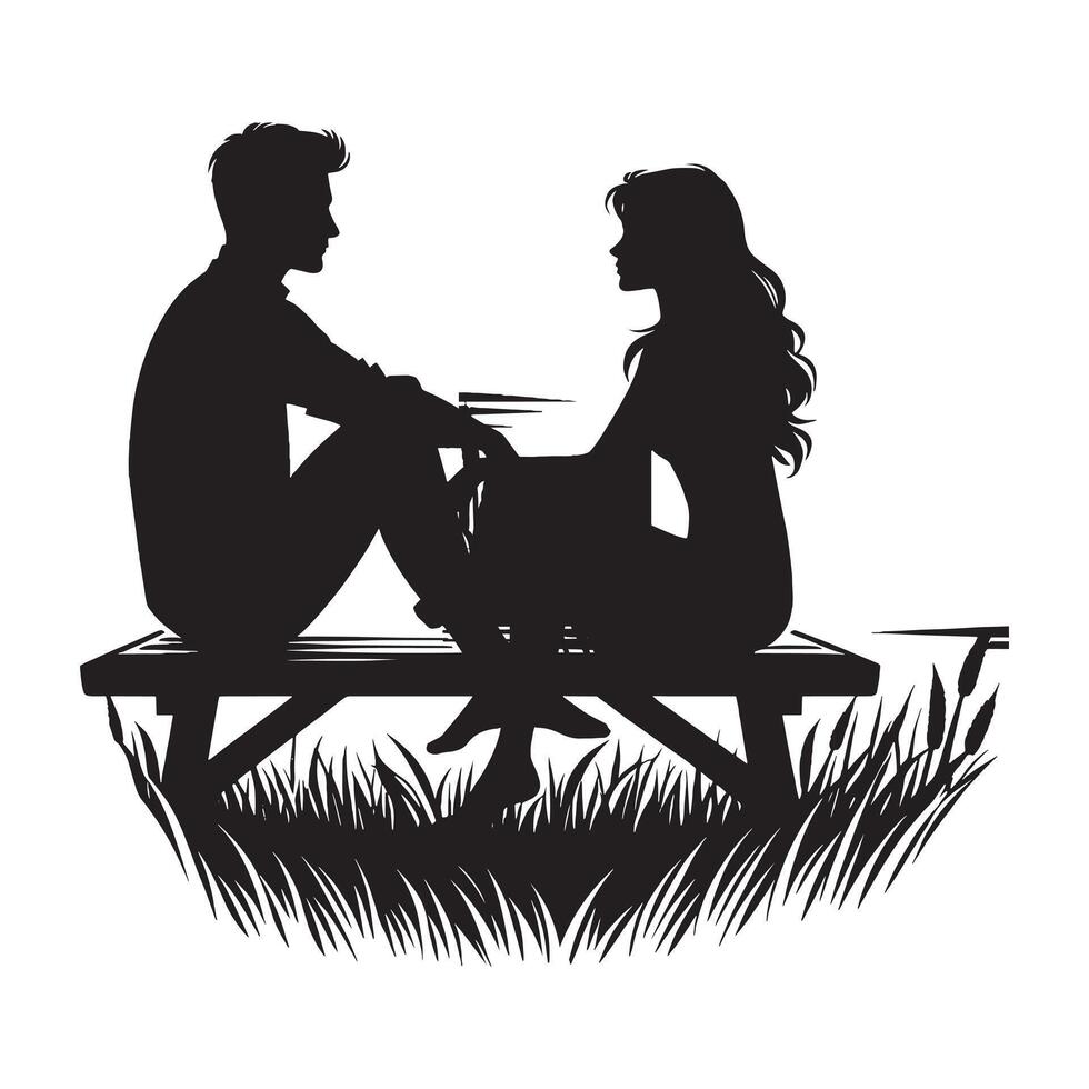 Silhouette of a couple sitting on a bench vector
