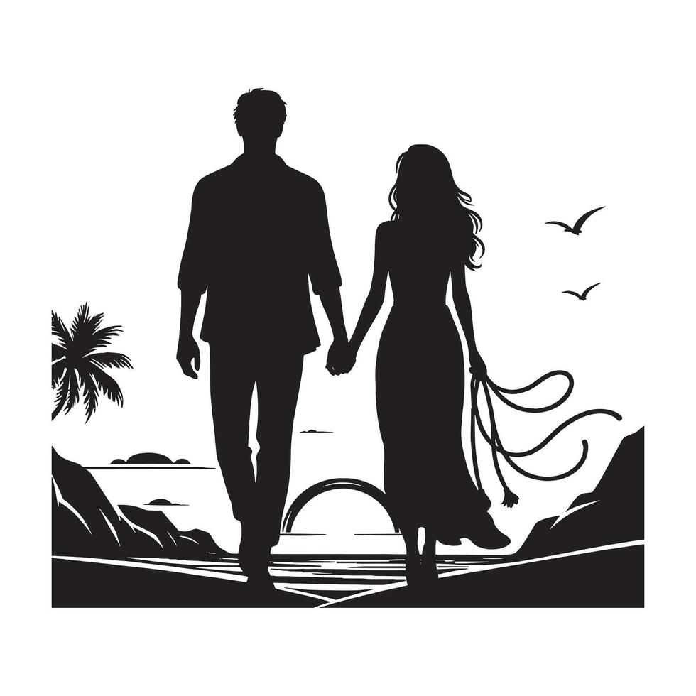 Silhouette of a couple walking on the beach vector