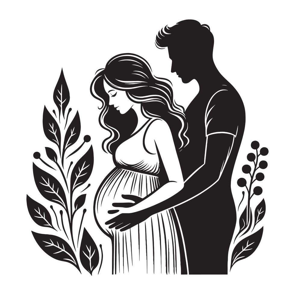 A pregnant woman and man are standing in front of a tree vector