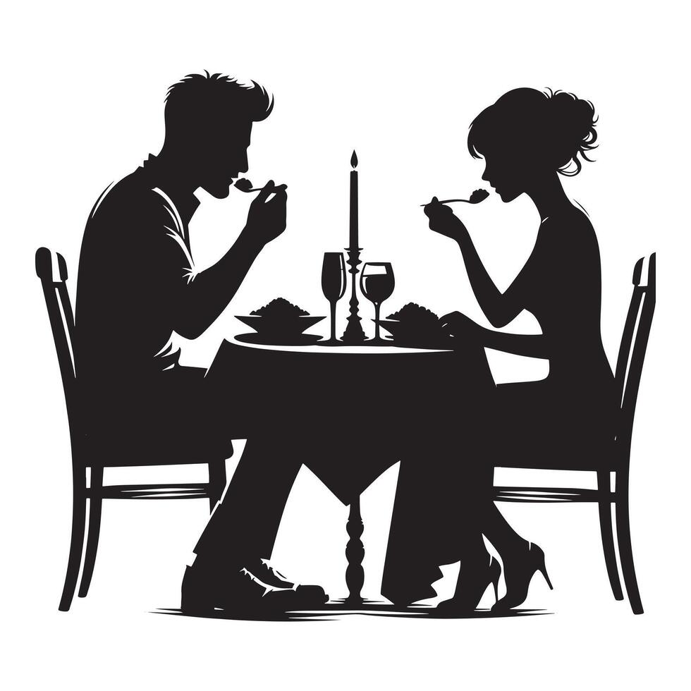 Silhouette of couple eating dinner at table vector